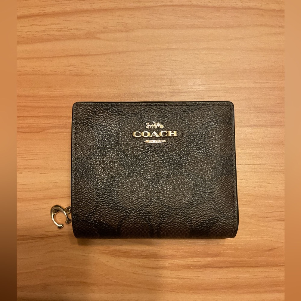 Coach Signature Canvas Snap Wallet in Walnut with Gold Accents